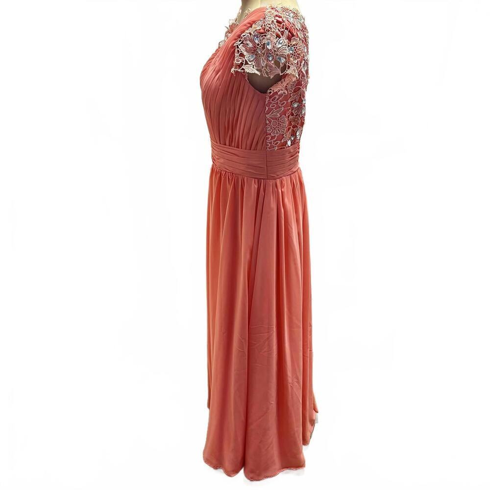 Grecian Coral Rhinestone Lace Pleated Gown Dress Short Sleeve Formal Bridesmaid - Picture 8 of 9